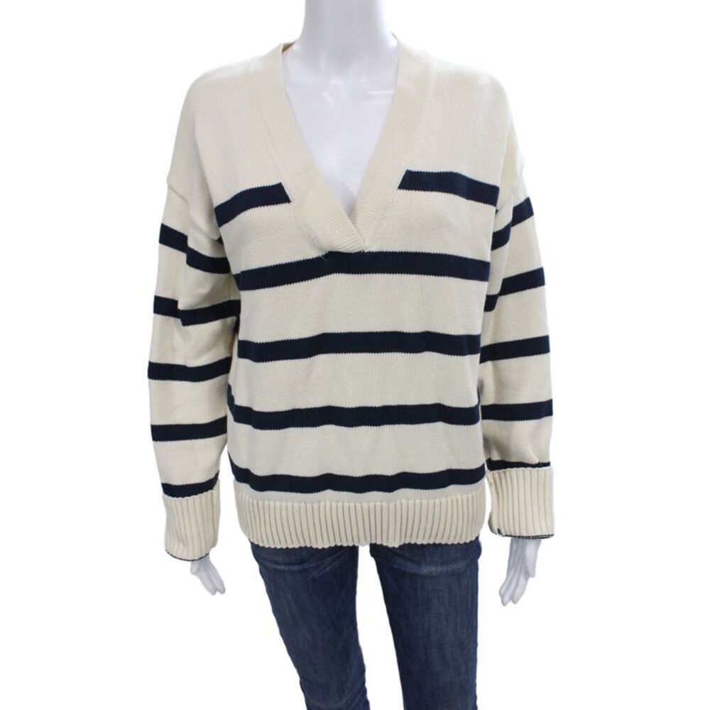 English Factory Women Striped V-Neck Nautical Sweater Ivory Size M
